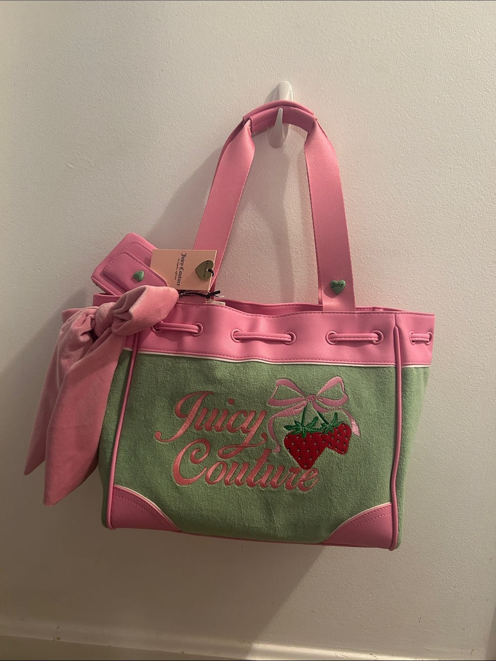 Juicy Couture Pink and Green Strawberry Embroidered Tote